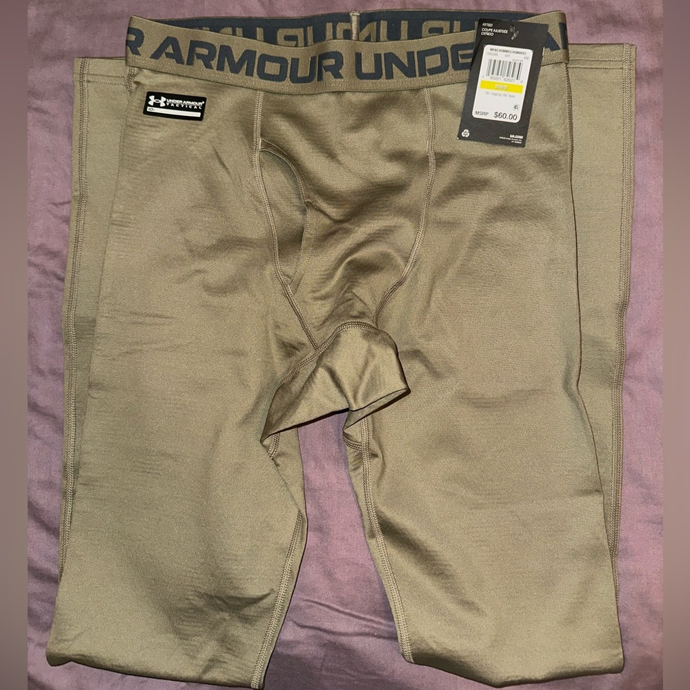 Men’s fitted Under Armour UA Tactical Base Leggings Tan Cold Gear Thermal 131693